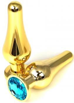 Золотистая удлиненная анальная пробка с голубым кристаллом - 11,5 см.