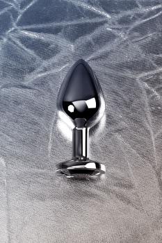 Серебристая коническая анальная пробка с черным кристаллом - 7 см.