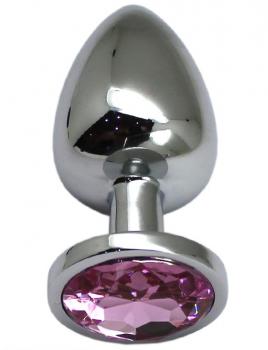 Серебристая анальная пробка с розовым кристаллом - 9 см.