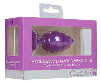 Фиолетовая анальная пробка Large Ribbed Diamond Heart Plug - 8 см.