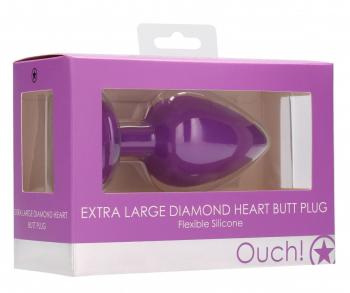 Фиолетовая анальная пробка с прозрачным стразом Extra Large Diamond Heart Butt Plug - 9,5 см.