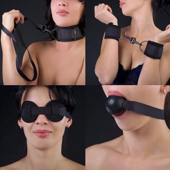 Чёрный комплект для БДСМ-игр: наручники, кляп-шарик, маска, ошейник