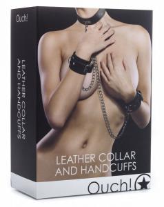 Чёрный комплект для бондажа Leather Collar and Handcuffs