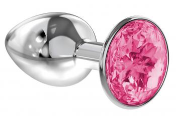 Малая серебристая анальная пробка Diamond Pink Sparkle Small с розовым кристаллом - 7 см.