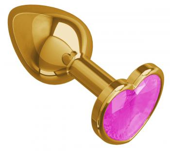 Золотистая анальная втулка с розовым кристаллом-сердцем - 7 см.