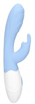 Голубой вибратор Juicy Rabbit со стимулятором клитора - 19,5 см.